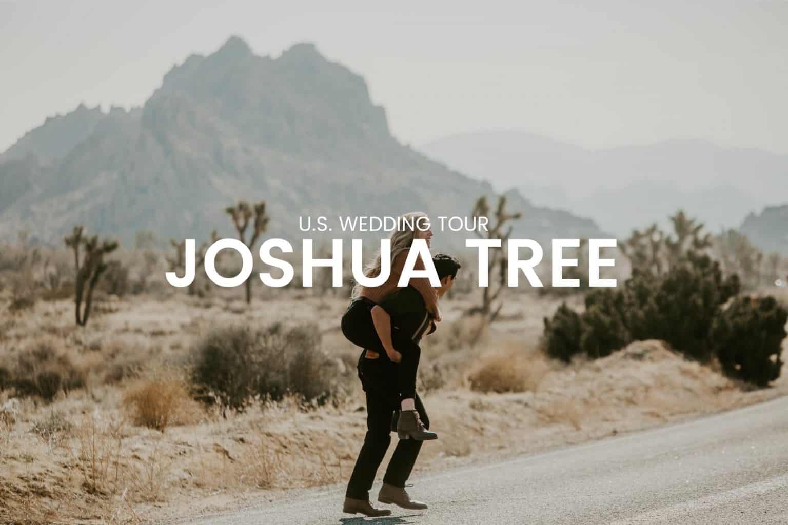 wedding couple playing piggyback crossing the street in joshua tree national park