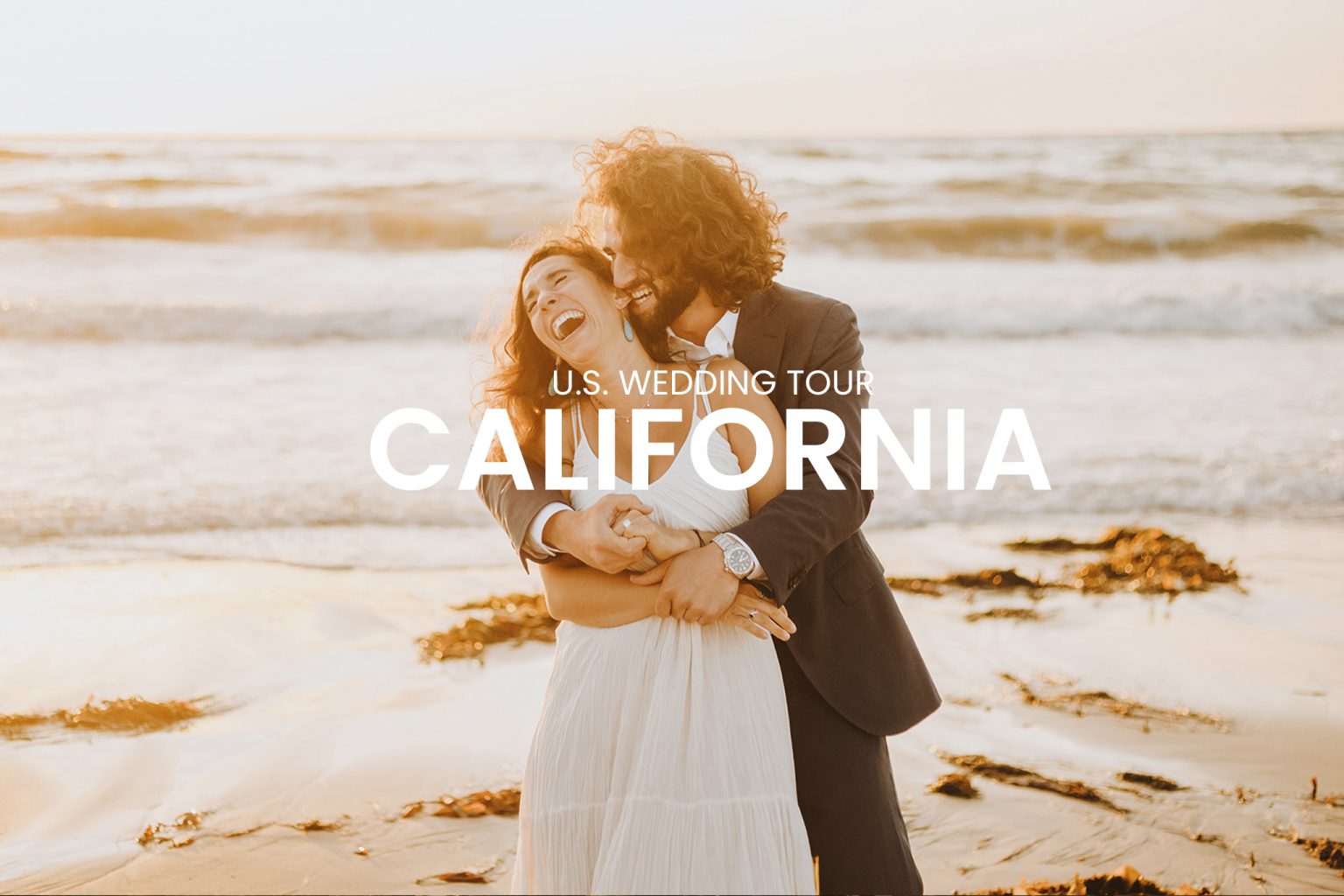 Wedding couple embracing at sunset in the background of a beautiful beach