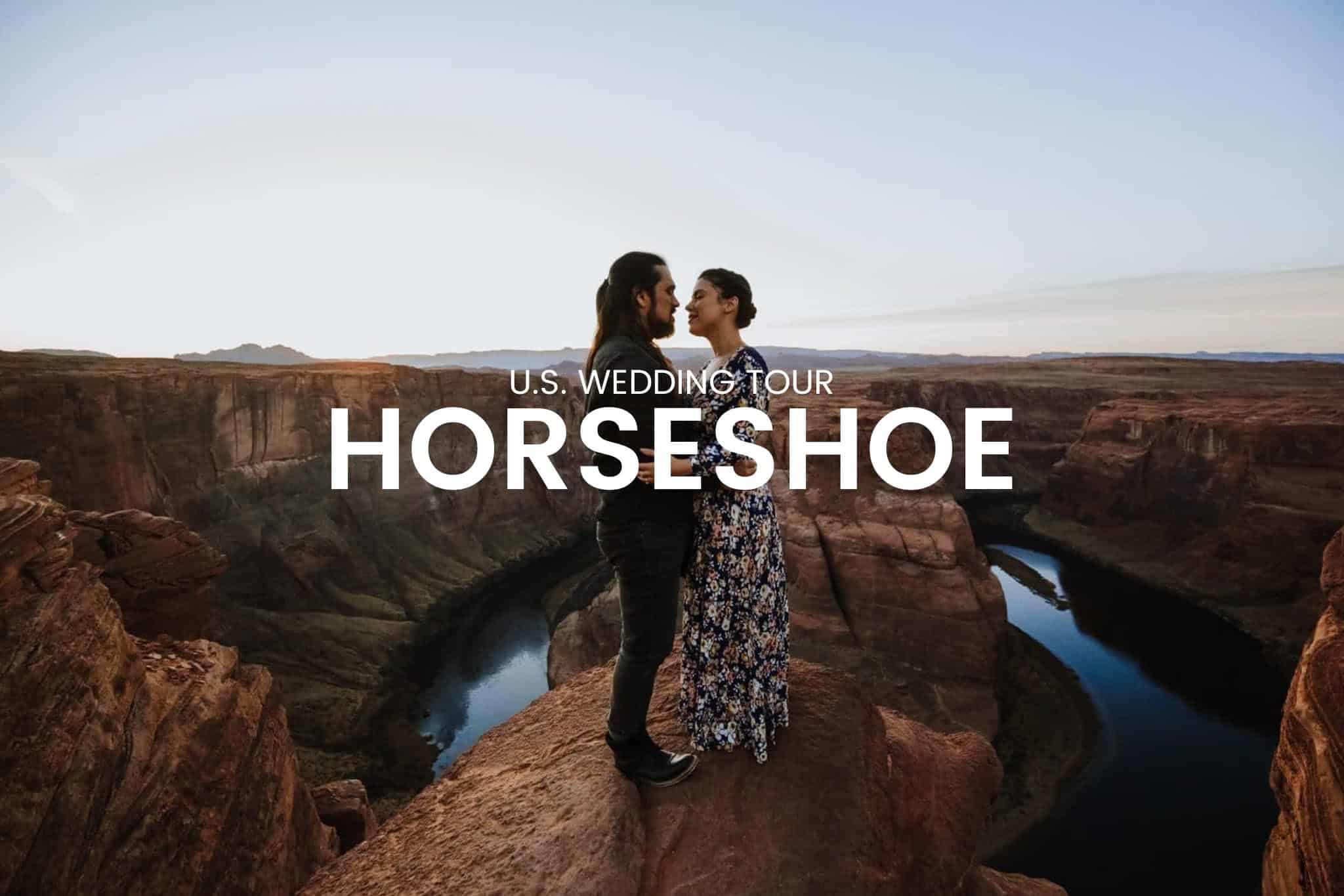 wedding couple kissing Horseshoes Bend at sunset