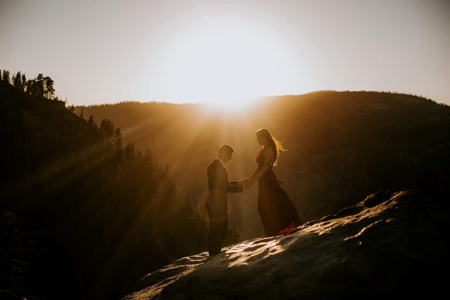 bride and groom at sunset in yosemite california