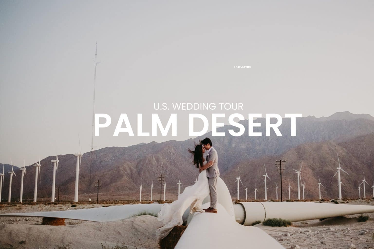 Wedding couple kissing in the desert in the background with giant windmills