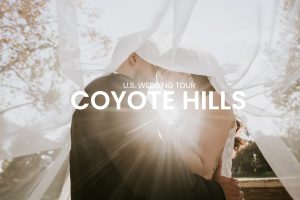 Wedding couple kissing at sunset