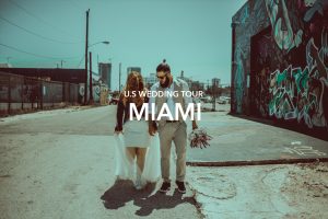 wedding couple walking in the arts district in miami