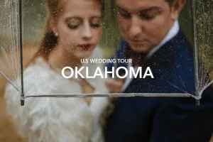 bride and groom on a rainy day with transparent umbrella
