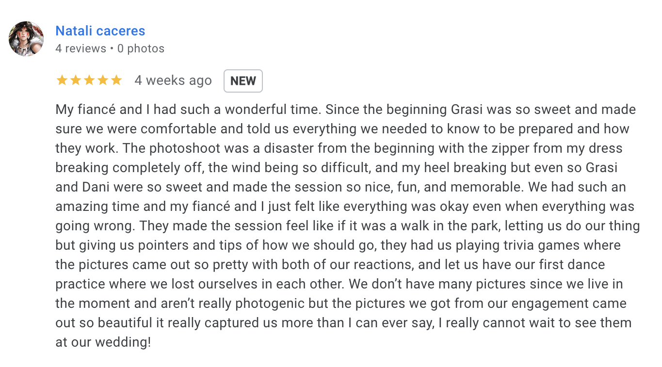 A five-star review from Natali Caceres describing a positive engagement photo session experience, mentioning the photographer Grasi and Dani, and reflecting on the emotional and memorable moments captured in the photos.